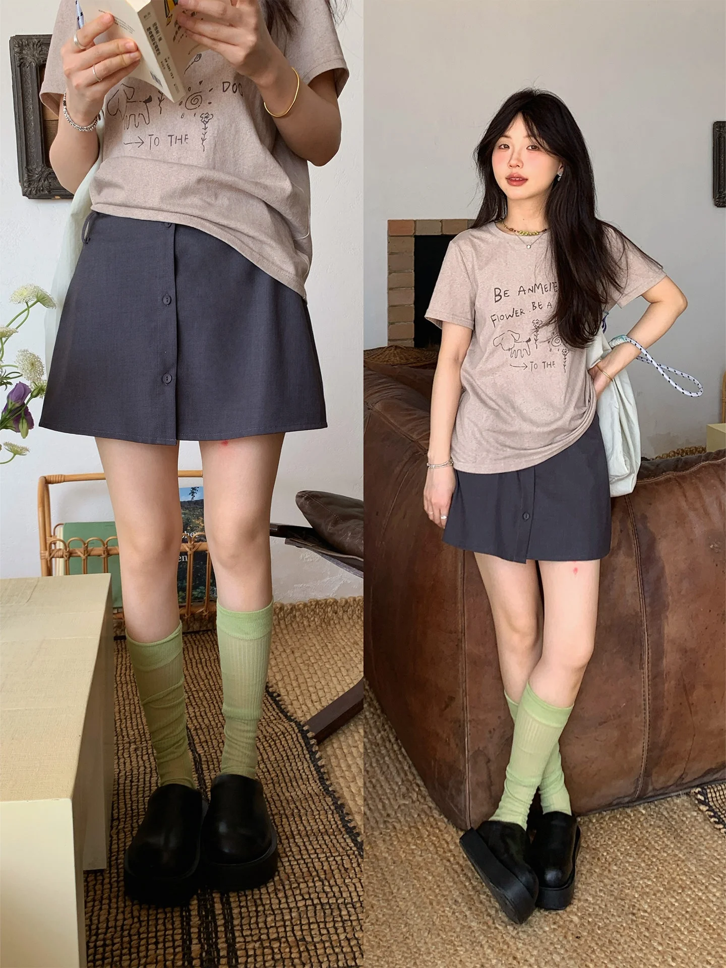 

Белая юбка А-силуэта с мультяшным принтом для женщин, летняя, модная, простая, с низкой талией, с внутренними шортиками, повседневная одежда