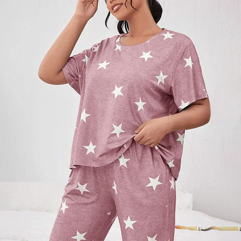 5XL Big Size Pajamas For Women Summer Autumn Faux Cotton Pajama Set  Short Sleeved Casual Loose Luxury Print Sleepwear Pijama