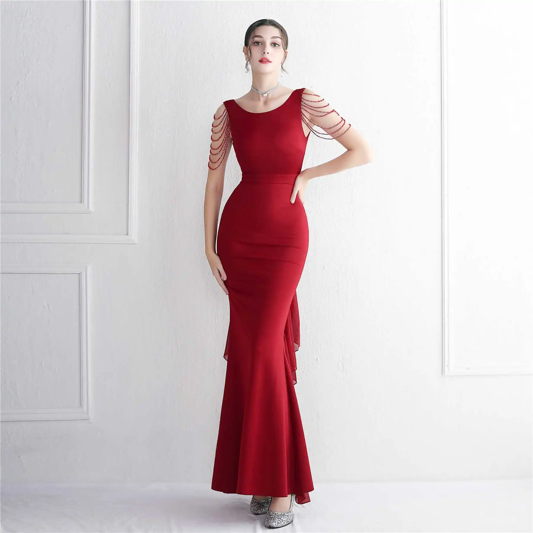 

Prom Dresses O-Neck Ankle-Length Sexy Evening Dresses Mermaid Beading Party Dress