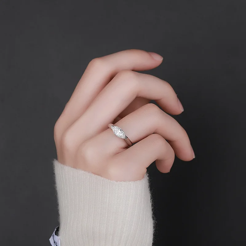 خاتم ألماس ماركيز مويسانيتي للنساء ، لون دي ، خاتم أزرق أخضر ، فضة إسترليني S925 ، خواتم ذهب أبيض عيار 18 قيراط ، مجوهرات راقية ، 1 قيراط