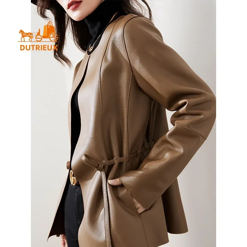 Genuine Leather Jacket for Women, New Winter Top Layer Sheepskin Mid-length Leather Jacket, Cowhide Simple Temperament Jacket