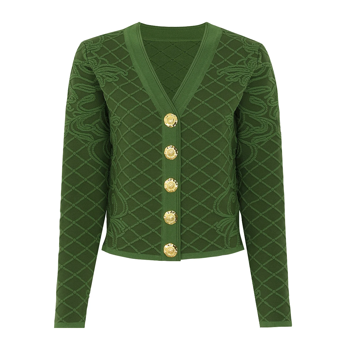 26291 New Autumn Commuting Fashion Women Gold Buckle Plaid Embroidered V Neck Long Sleeve Knitted Cardigan Top