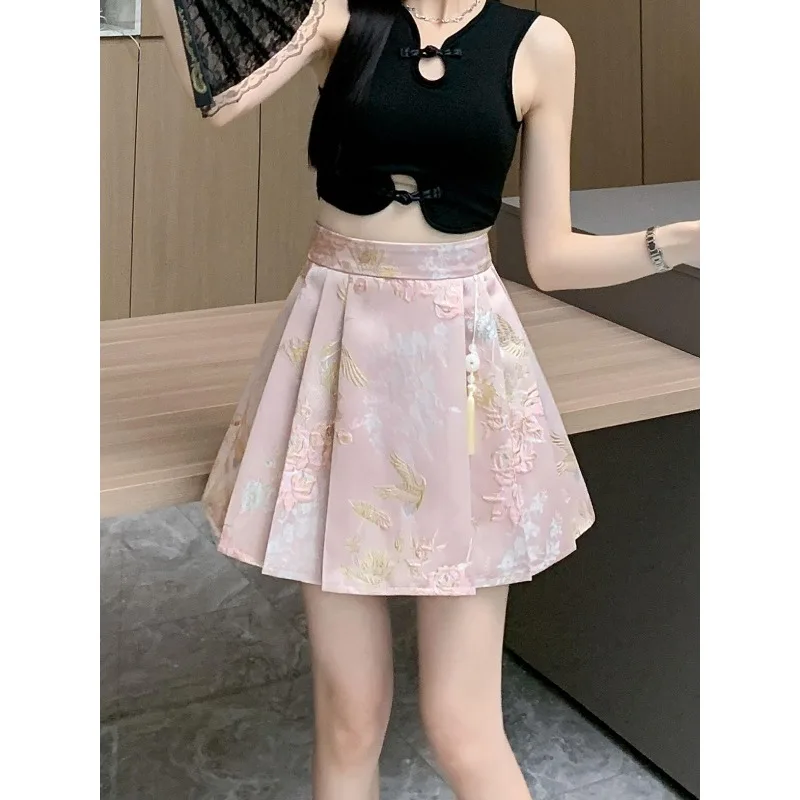High Grade Jacquard Brocade Weaving Gold Short Mamianqun Skirt Neo Chinese Style A-line Pleated Mini Skirt Summer Casual Hanfu