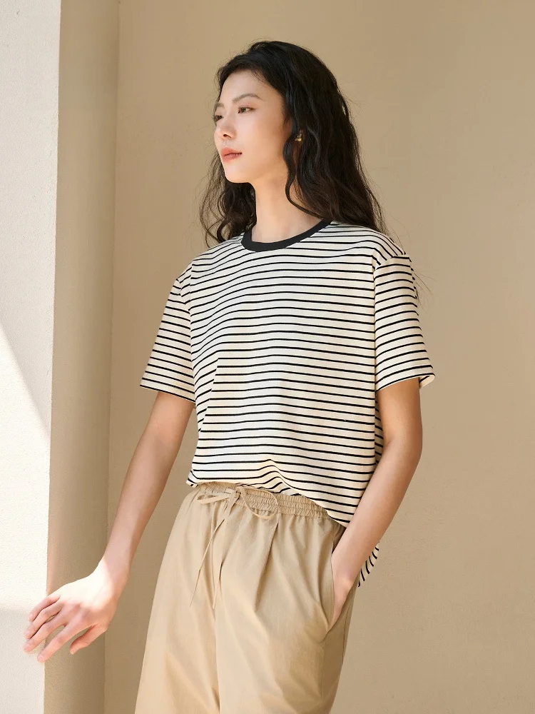 

QFKQ Классическая женская футболка из шелкового хлопка в полоску с охлаждающим эффектом, круглый вырез, летняя новинка, модный повседневный топ, короткий рукав