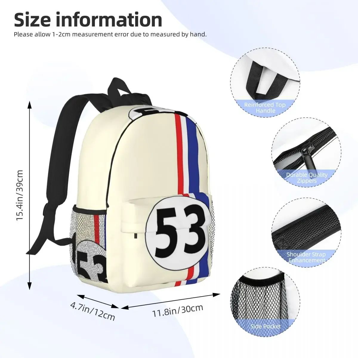 Herbie, Number 53 Backpacks Boys Girls Bookbag Casual Children School Bags Travel Rucksack Shoulder Bag Large Capacity