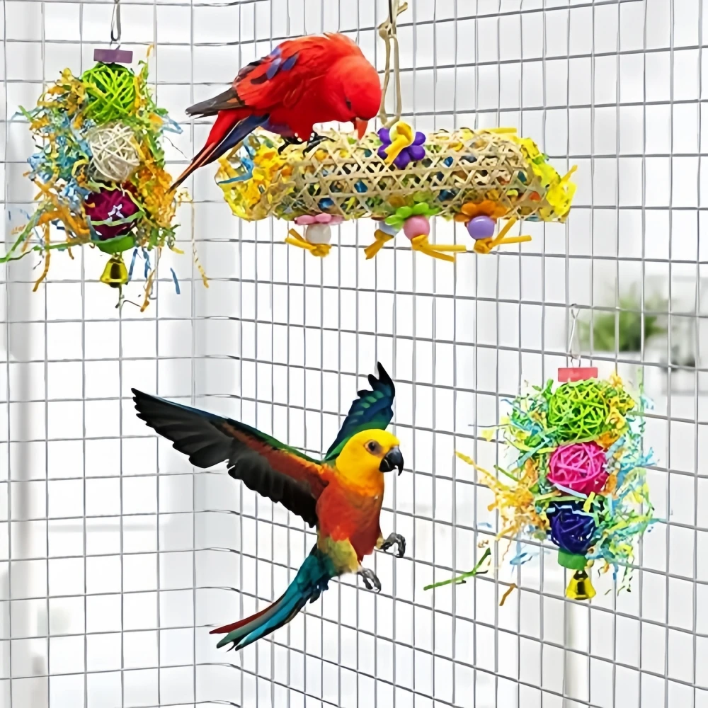 

3Pcs Bird Chew Toys Set, Parrot Foraging Shredder Toys with Bells, Hanging Cage Toys for Parakeet, Cockatiel, Conure, Small Bird