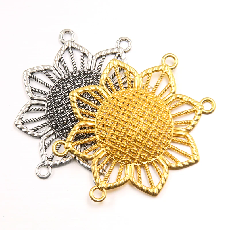 4PCS 46*54mm 2 Color Wholesale Metal Alloy Sunflower Charms Plant Flowers Porous Connector For Jewelry Making DIY Handmade Craft