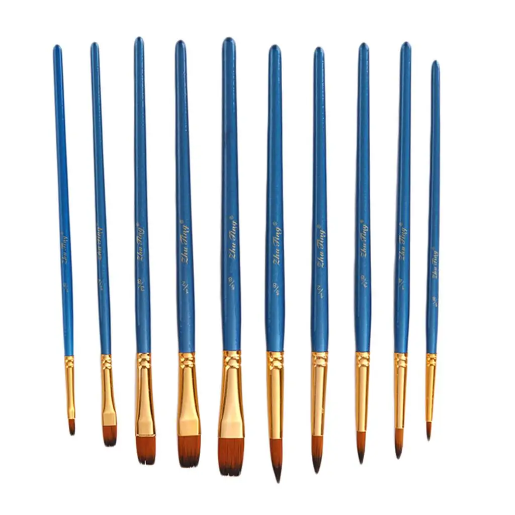 10 Pieces Assorted Pointed Tip Wooden Handle Nylon Hair Brush for Oil Acrylic Painting Blue