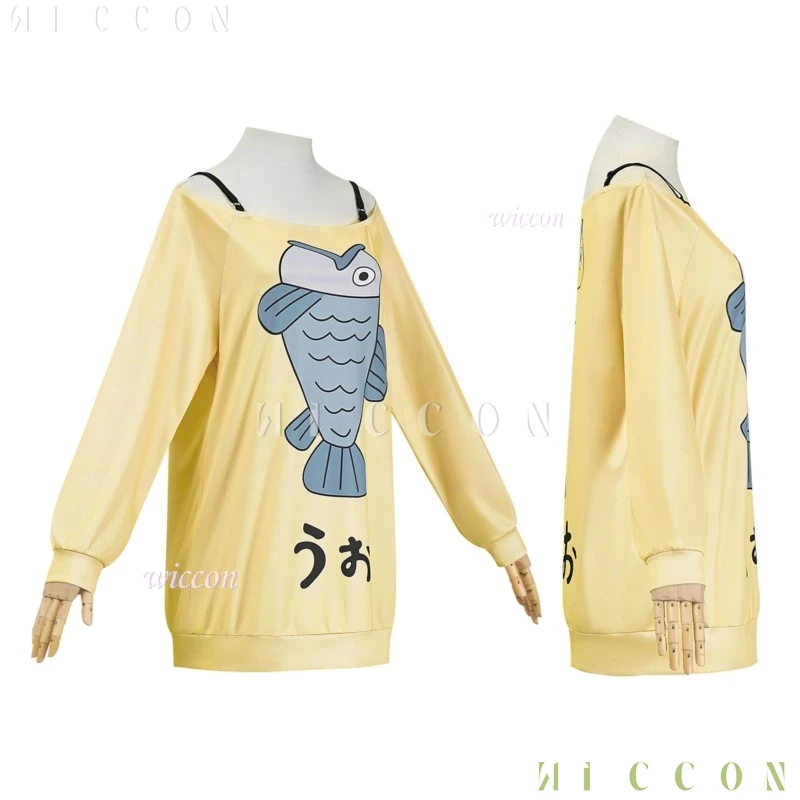 Аниме Cos Momo Ayase Косплей Костюм Парик Аниме Dandadan Рыба Логотип Забавный Желтый Негабаритный Толстовка с заниженными плечами Хэллоуин Часть