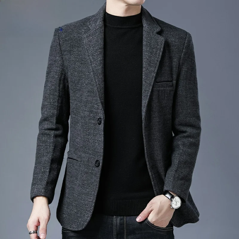 

Мужской деловой повседневный пиджак Rn: теплый, осенне-зимний, новый стиль, модная одежда для отцов, смесь полиэстера и шерсти, длинный рукав