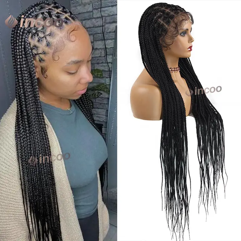 36'' Box Braided Wigs Synthetic Full Lace Braided Wig for Black Women Criss Cross Braiding Wigs 360 Full Lace Frontal Braids Wig