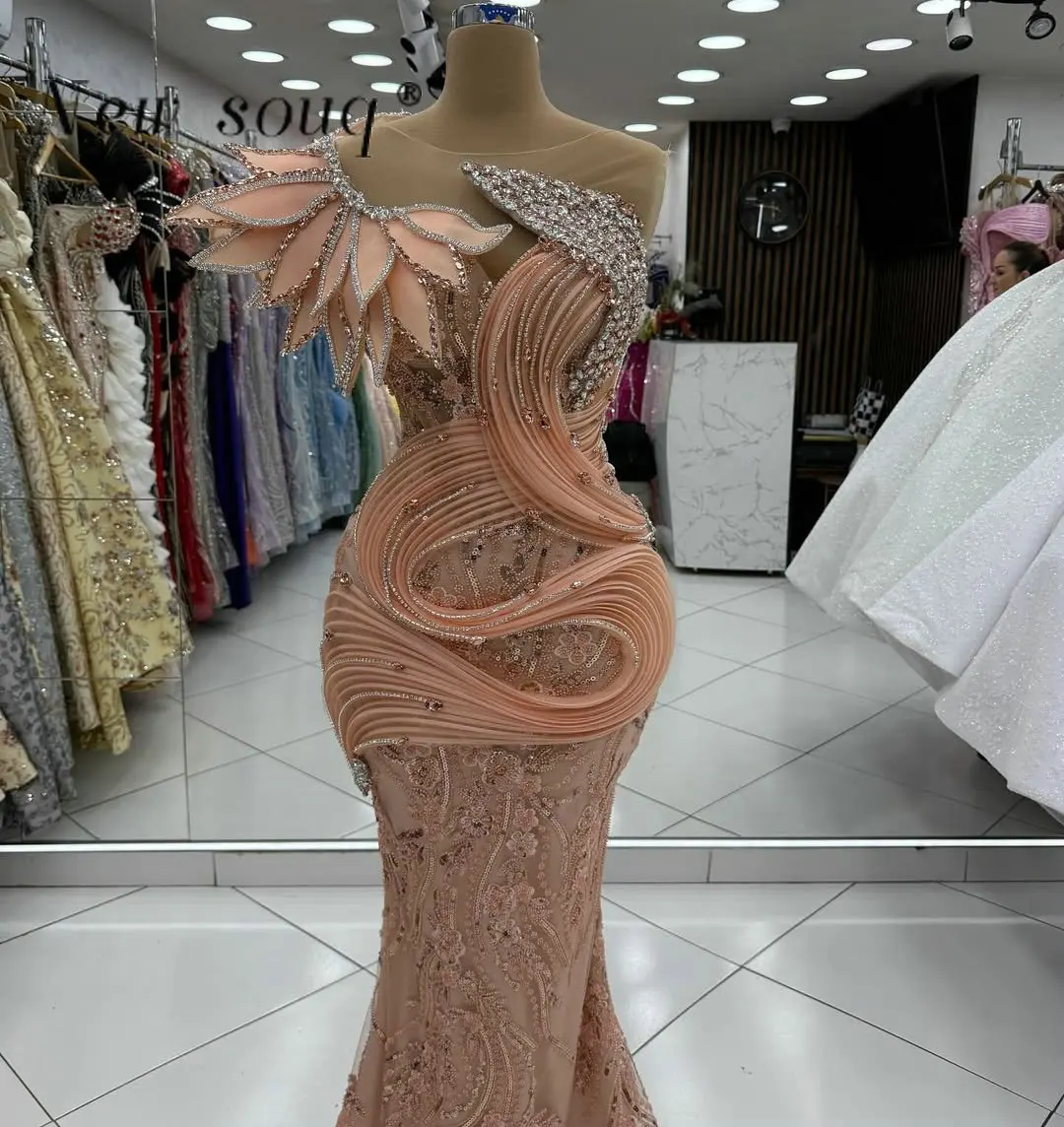 

Customized Coral Pink Mermaid Evening Dresses Sparkly Crystals 3D Leaf Fashion Ruched Wedding Guest Party Wear Formal Prom Gowns