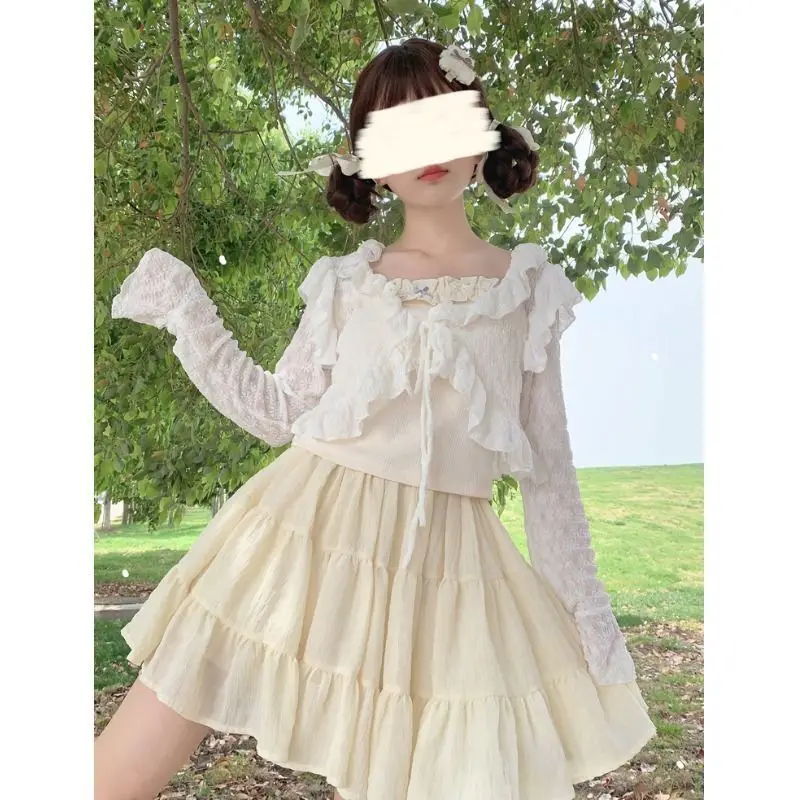 

Japanese Kawaii Lolita Thin Sunscreen Cardigan Women Summer Cute V-Neck Ruffles Long Sleeve Lace Sweet Loose Cropped Cardigan