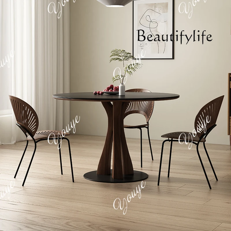 

J solid wood round dining table Dota black walnut retro simple pure black Deli Feng rock slab round table dining table