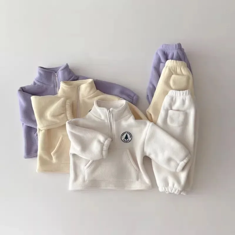 Boutique Kids Winter Baby Girls Clothes Purple Cute Polar Fleece Sweat Suit Toddler Boy Choker Sweatshirt Sports Fleece Set