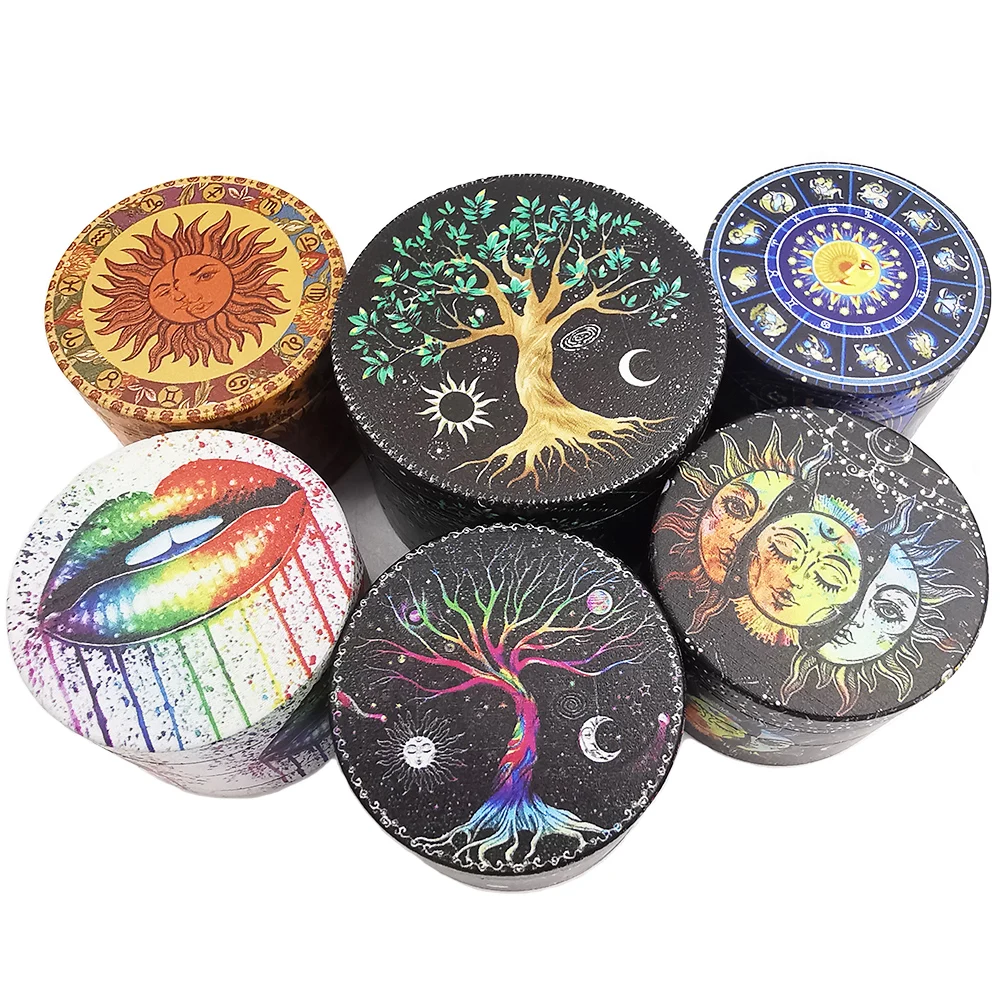 10pcs Wholesale Metal Herbal Grinder for Herb Smoking 50MM 2 Inch Tobacco Manual Hand Spice Pepper Cutter Sun Moon Lucky Tree