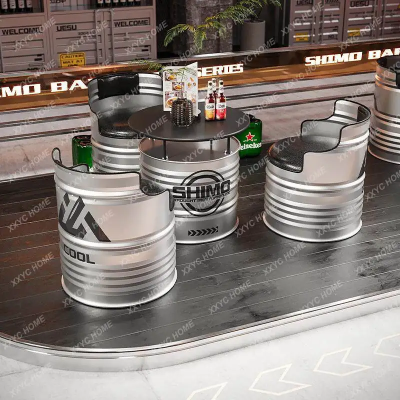 XXIndustrial style bar table and chair combination restaurant milk tea shop gym wrought iron oil drum card seat sofa