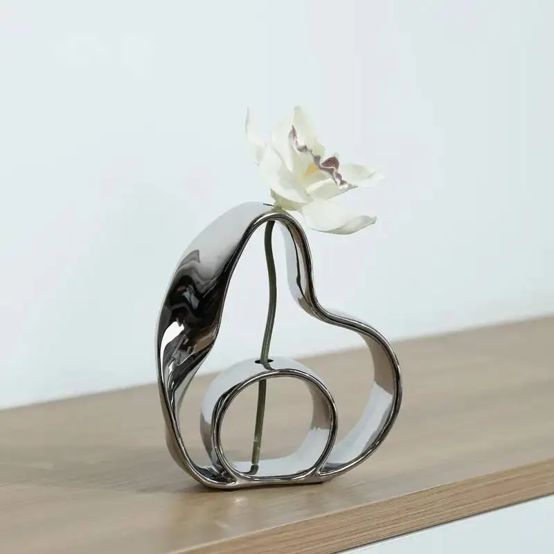 Creative Ceramic Silver Vase Hollowed-out Flower Arrangement Ornaments Pleated Line Ribbon Handicrafts Geometric Solid