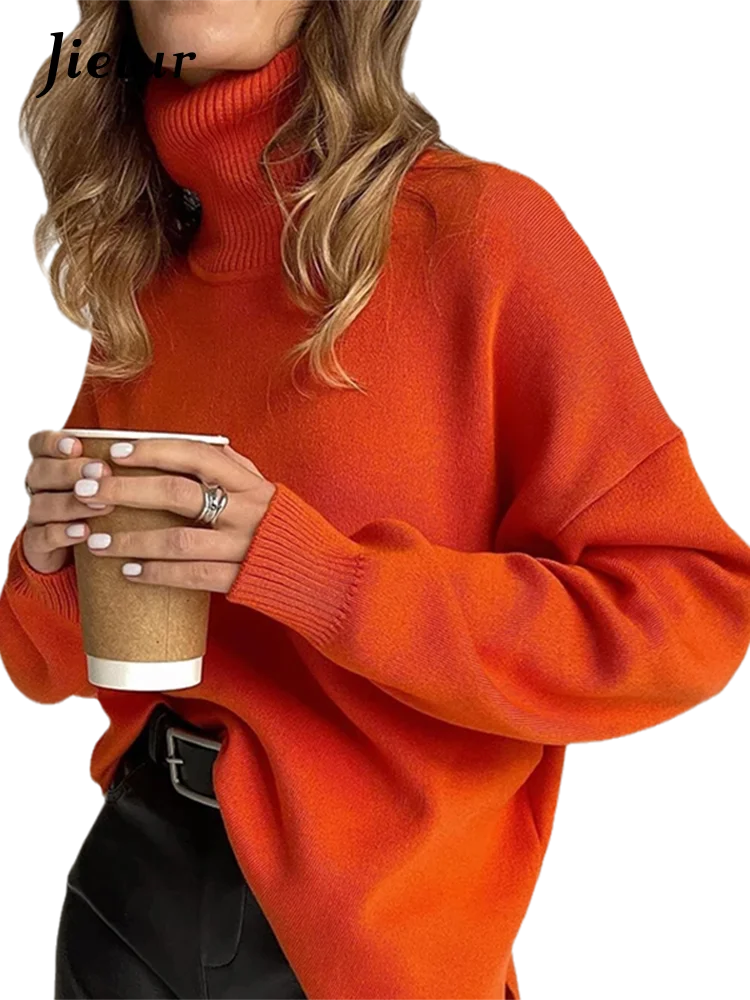 CJFHJE Orange Loose Turtleneck Knitted Sweaters Women American Style Solid Color Sweater Autumn Winter Yellow Casual Pullovers