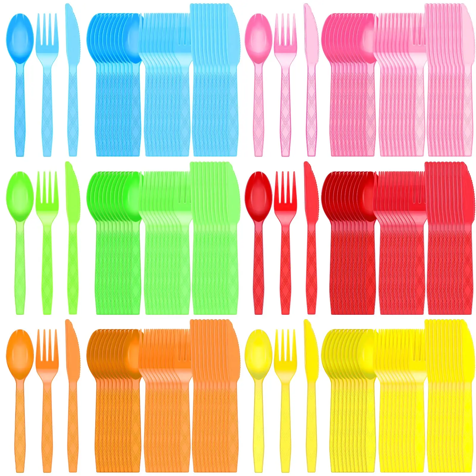 

Neon Party Plastic Silverware Set Colorful Rainbow Disposable Cutlery Bulk Forks Spoons Knives for Parties Supplies Favors