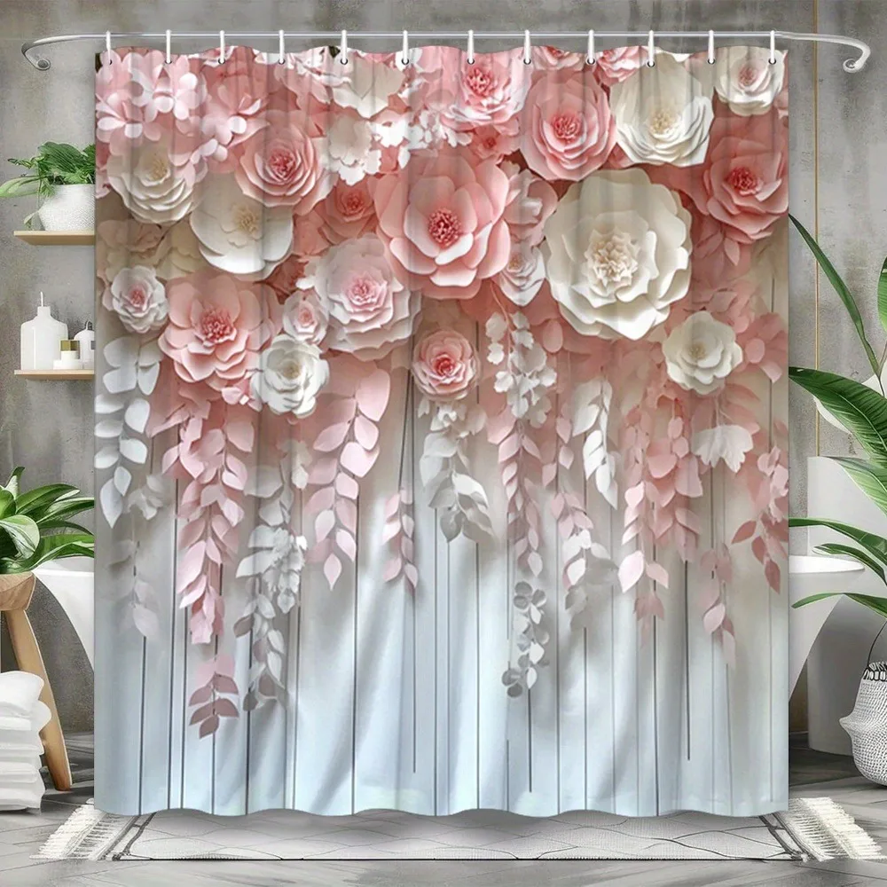 

Занавеска для душа из бумаги с цветочным рисунком светло-розового цвета, моющаяся грязеотталкивающая насадка для душа, водонепроницаемая полиэстеровая занавеска для ванны