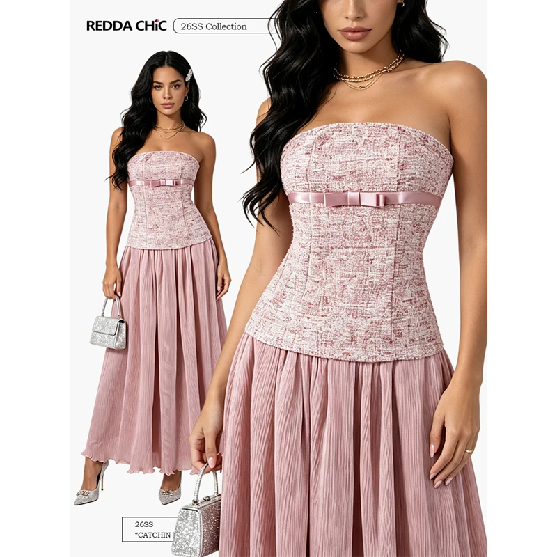 

ReddaChic Bow Corset Women Party Dress Wedding Guest Sequin Strapless Shirring Patchwork Maxi Ball Gown Elegant Summer Clothes