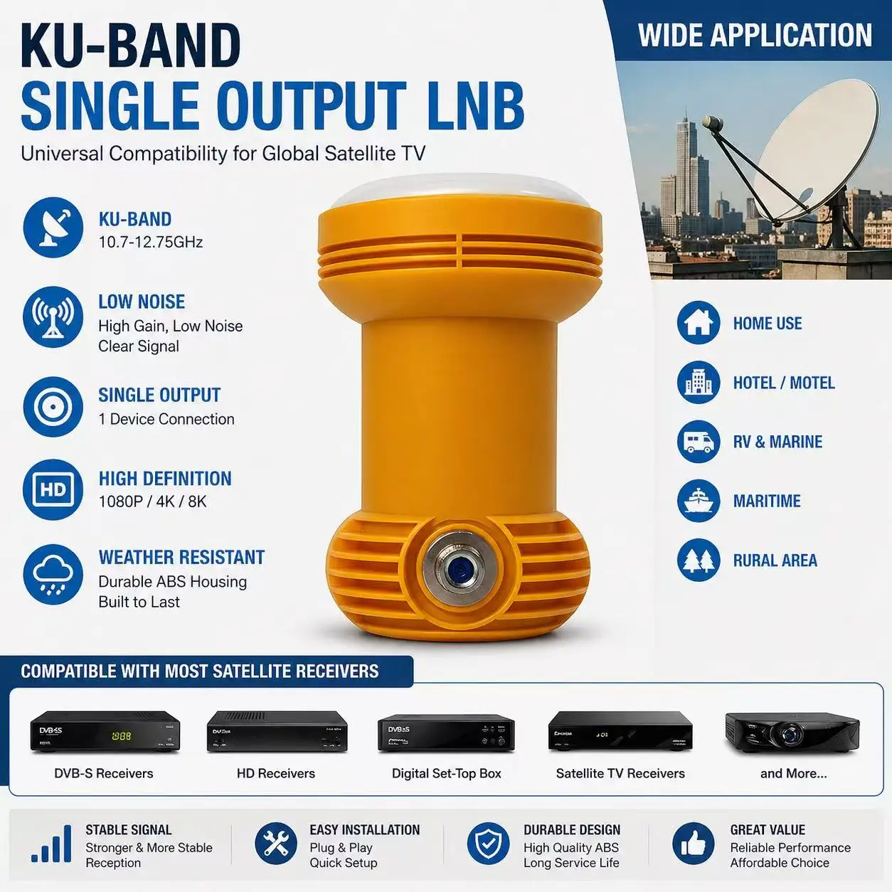 Universal KU-Band Single LNB 4K Ultra HD Linear Converter for Tricolor Satellite TV Support 3D