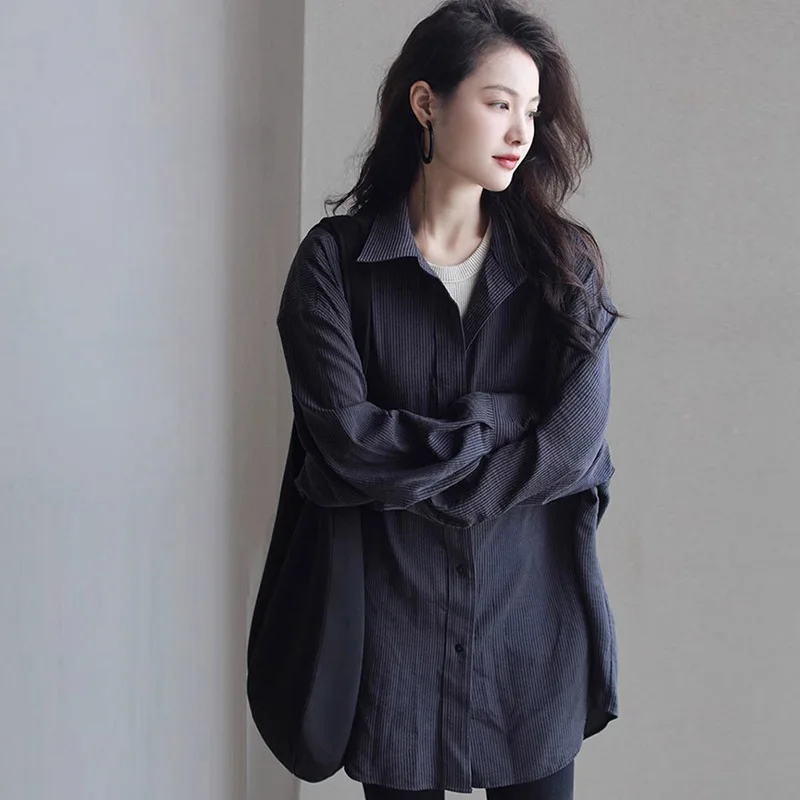 Chemisiers Vintage pour femmes, chemises décontractées rayées, mode ample, vêtements coréens, manches longues, hauts pour femmes, printemps automne