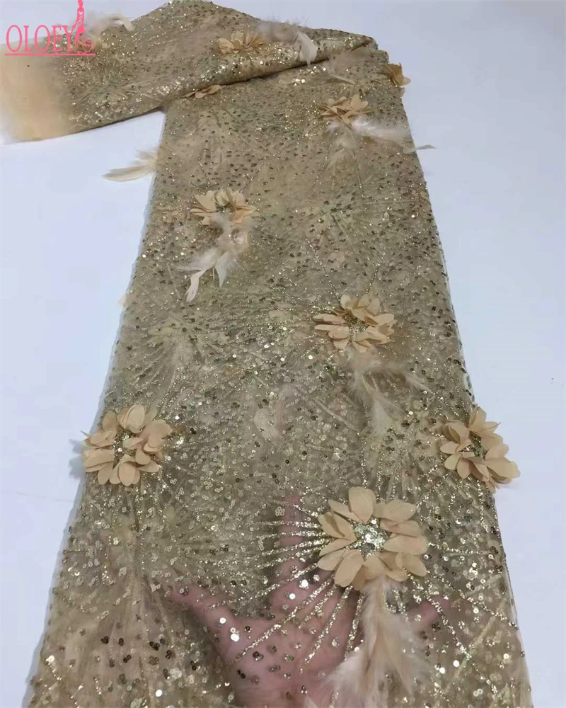 OLOEY Abito da sposa ricamato 3D FLOWER di alta qualità in pizzo con perline in rete di tulle stile francese africano di nuovo design