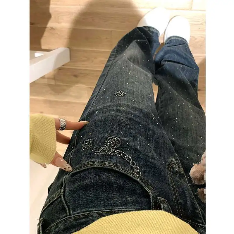 Hot Diamond Streetwear Denim Pant Graphic Embroidered Vintage Straight Jean High Waist Casual Baggy Trouser Elegant Women's Pant