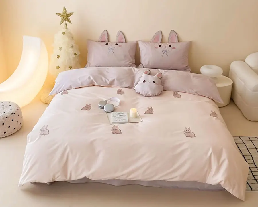 Cute embroidery rabbit bedding set 1.2 1.5 1.8 2.0,twin full queen king cotton home textile bed sheet pillow case duvet cover