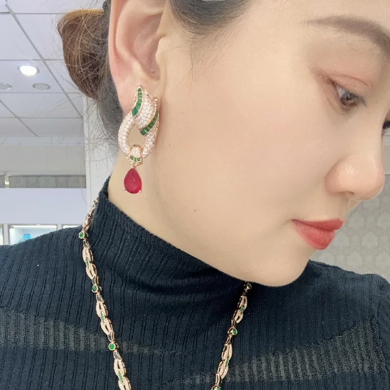 Europe America Style Necklace Earrings Women Lady Inlay Full Cubic Zircon Synthetic Ruby Pendant Snake Snakelike Jewelry Sets