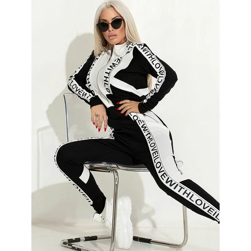 Krismile عالية الشارع حللا للنساء 2026 أنيق أسود أبيض رسالة سحاب مطبوع طوق كم طويل بذلة طويلة 89912 #1