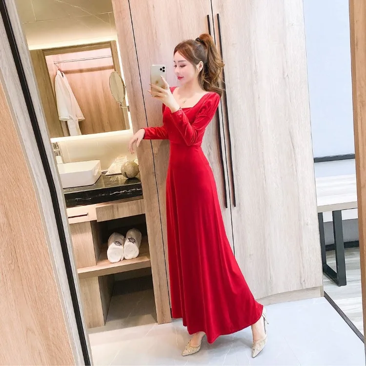 Gaun malam panjang pesta beludru wanita 2021 gaun elegan Vintage gaun Maxi penuh Klub lengan panjang Solid malam seksi Vestidos