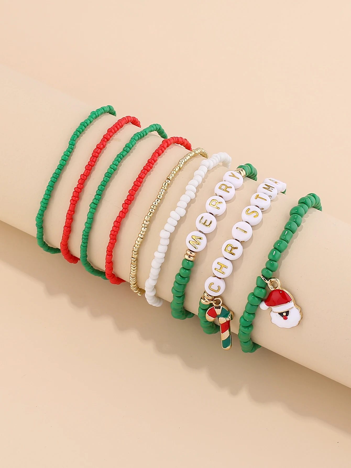 9 Christmas Element Alloy Hanging Glass Rice Bead Bracelet