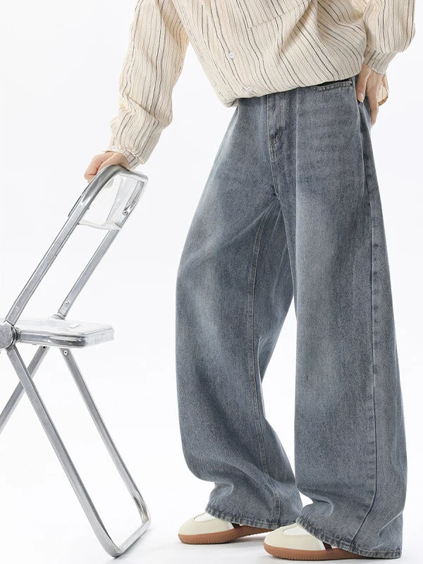 

American Waed Wide Leg Men's Jeans Spring Trendy Vintage Straight Leg Long Pants High Street Vibe Loose Men's Pants