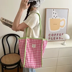 New Canvas Fabric Shoulder Bag For Women Simple Cute Plaid Pattern Handbag Large Casual Capacity Shopper Tote Bags