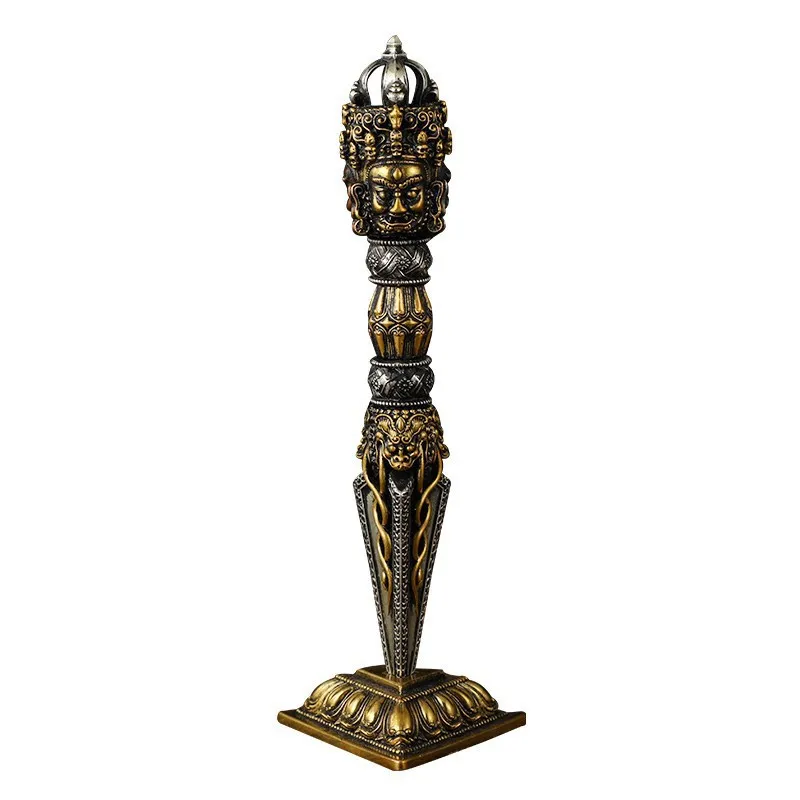 Pure Copper Tibetan Style Dual Color Diamond Demon Subduing Pestle Three Sided Vajra Pestle, Tibetan Buddhist Artifact with Base