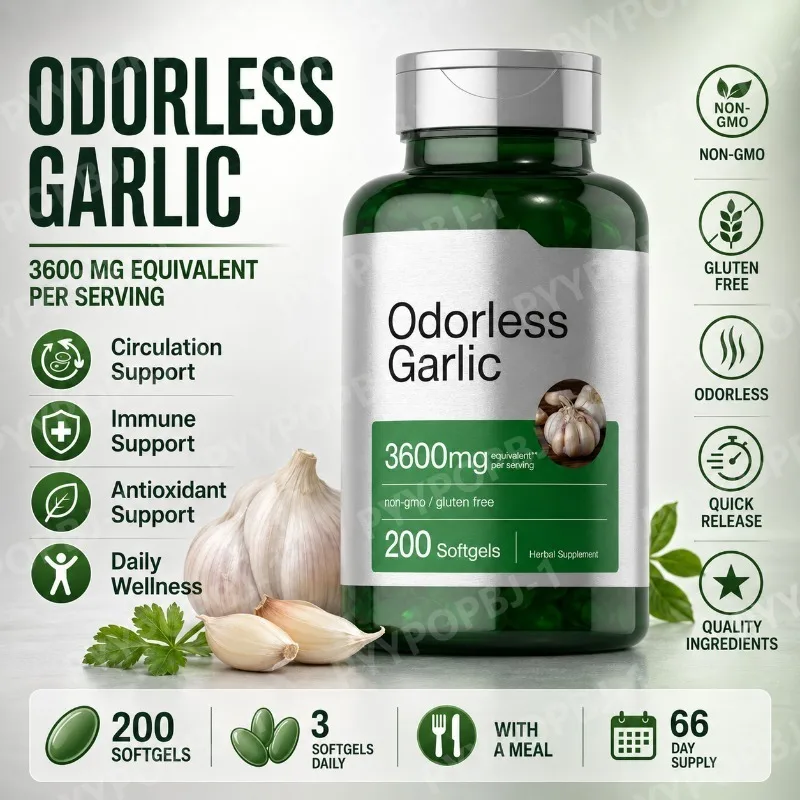 

Odorless Garlic Softgels 3600 mg 200 Count Ultra Potent Garlic Extract Non-GMO Gluten Free Supplement