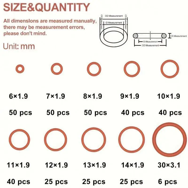 351Pcs/Set Silicone O-Ring Set 10 Sizes Oil And Heat Resistant Suitable For Cars And Pipelines