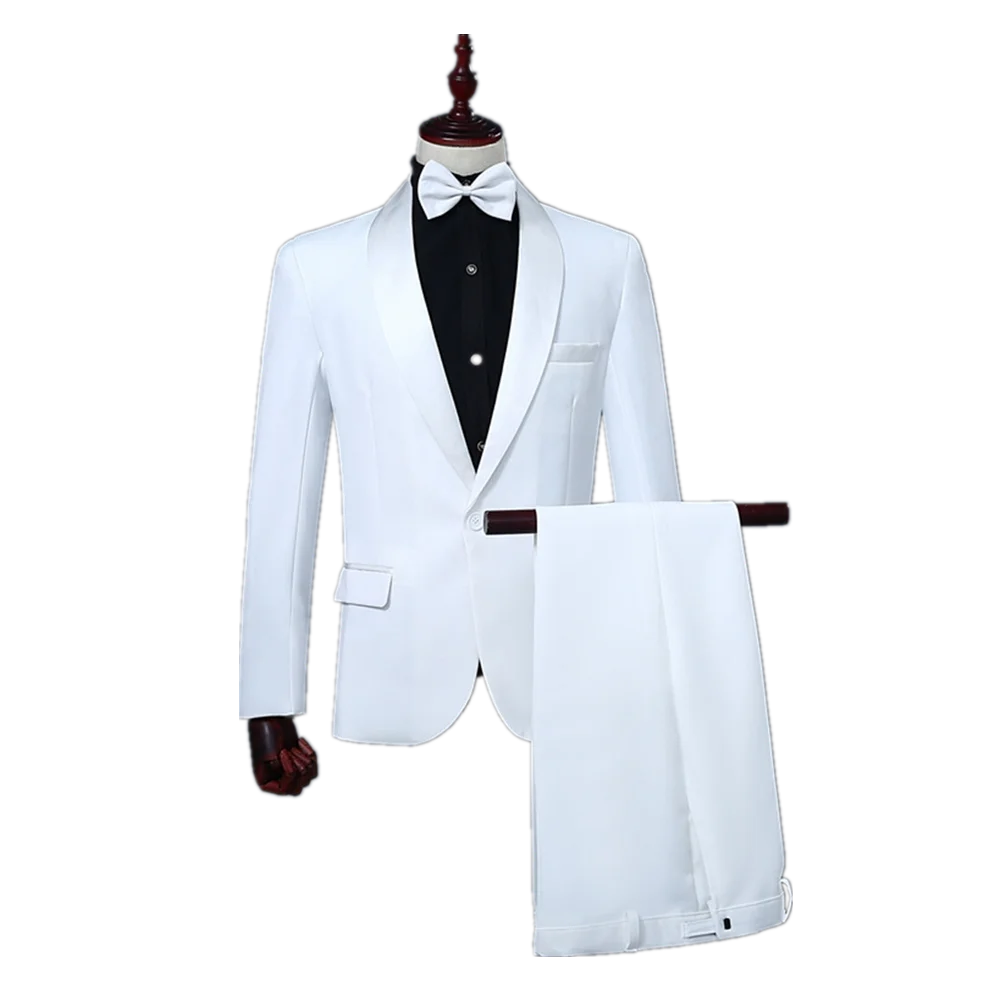 Classic Two-piece Men Suits White Blazer and Pants Basic Slim Fit Suit Jacket Wedding Prom Event Costume