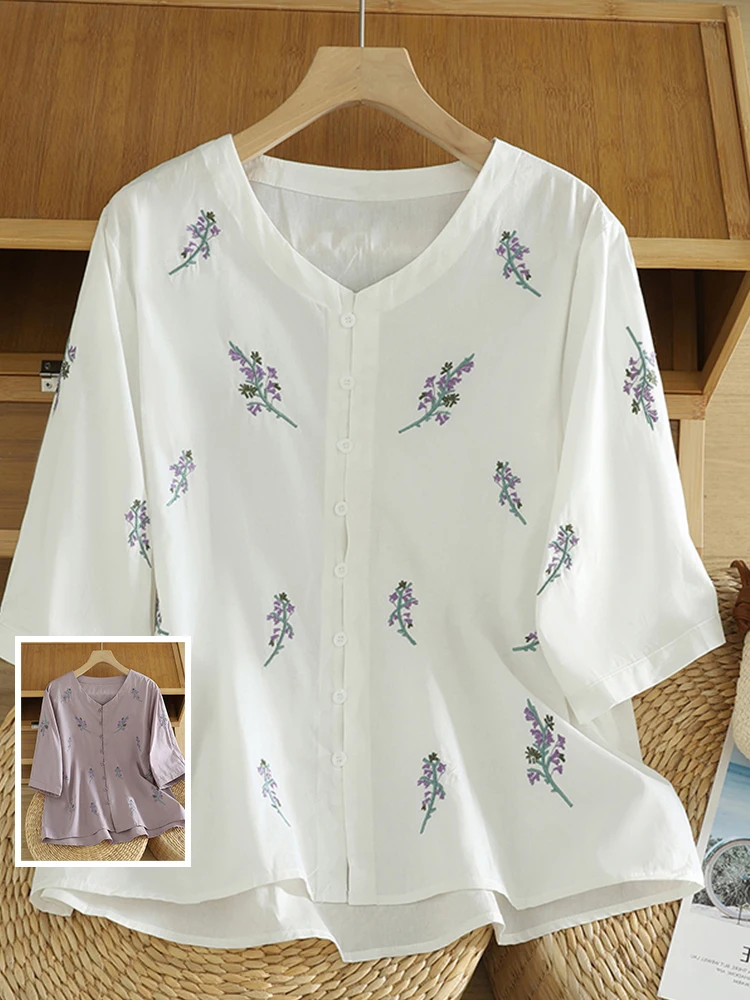 

Embroidered Cotton Linen Casual irt Single Button V-Ne Five Sve Women's plus Size Open Cardigan Summer Faion Artistic