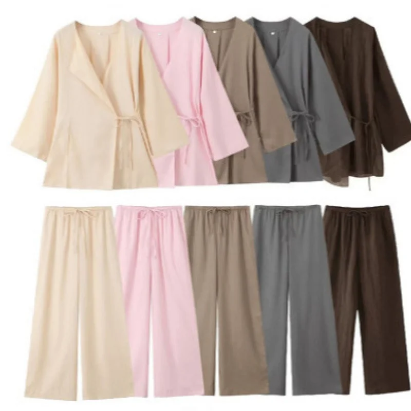 

Женская одежда в европейском и американском стиле 2025 года, льняное кимоно с перекрестным пальто, жидкие брюки