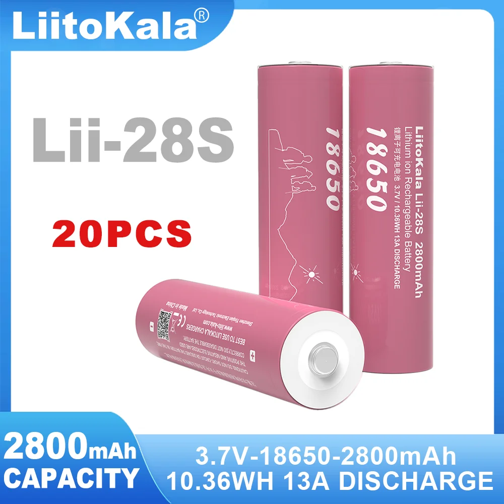 20PCS LiitoKala  Lii-28S Tip 18650 3.7V 2800mAh 13A Power Rechargeable Lithium Battery for  Electric Tools LED Flashlight