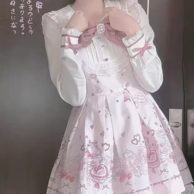 

Японский комплект платьев в стиле кавайи с бантом и стразами, женское платье-рубашка в стиле Лолита с мультяшным принтом, кружевом и жемчугом, готическое платье Y2K для фестивалей