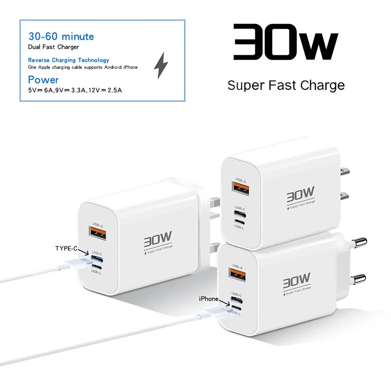 PD30W USB C Charger Fast Charging Quick Charge 3.0 PD Phone Power Adapter for iPhone14 13 Pro Xiaomi Laptop Samsung EU/US Plug