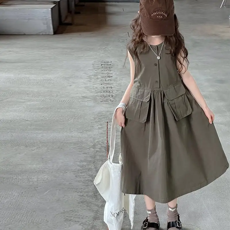 5-14Years Kids Summer Sleeveless Dresses for Girls Cotton Thank Long Dress Teens Children Casual Outfits Clothing 6 7 8 9 10 11