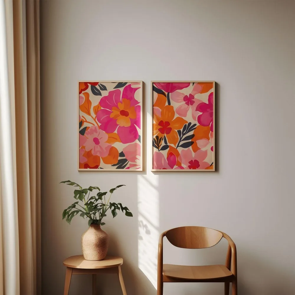 2PCS Large-sized frameless canvas paintings,2D Flat,Retro Poster,Pink Orange Abstract Floral Artwork,Flower Market Printing,Bohe