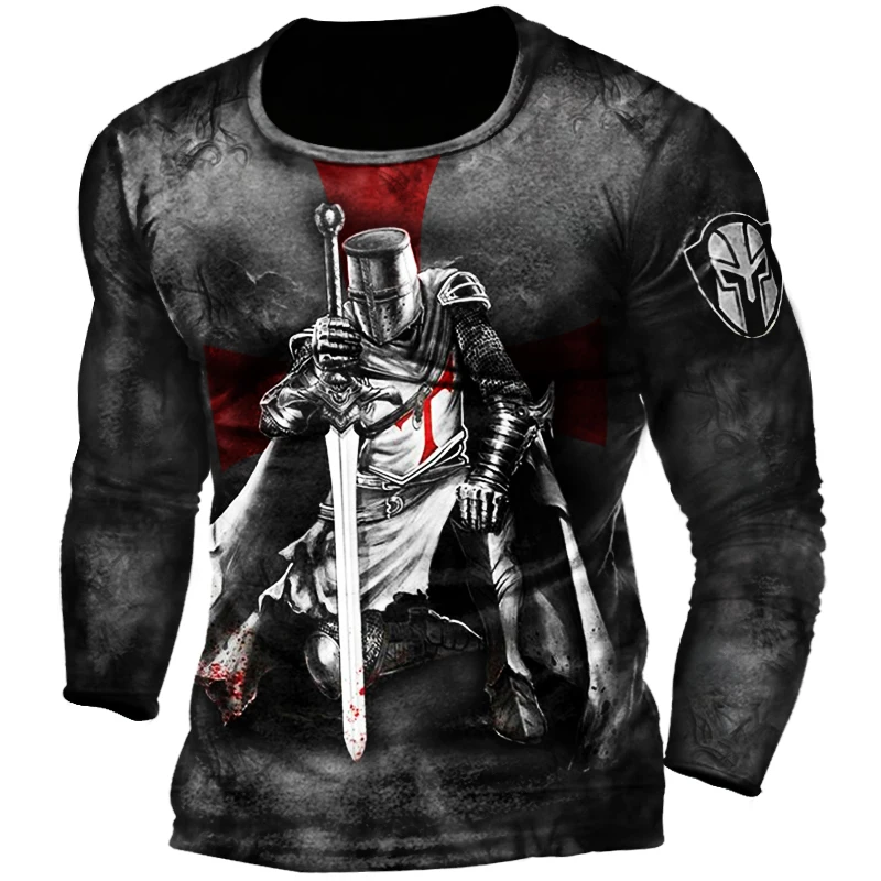 Templar Knight  Print Retro Fashion Casual Men\'s Round Neck Long Sleeve Street Hip Hop Extra Large Speed Drying Wearing T-shirt