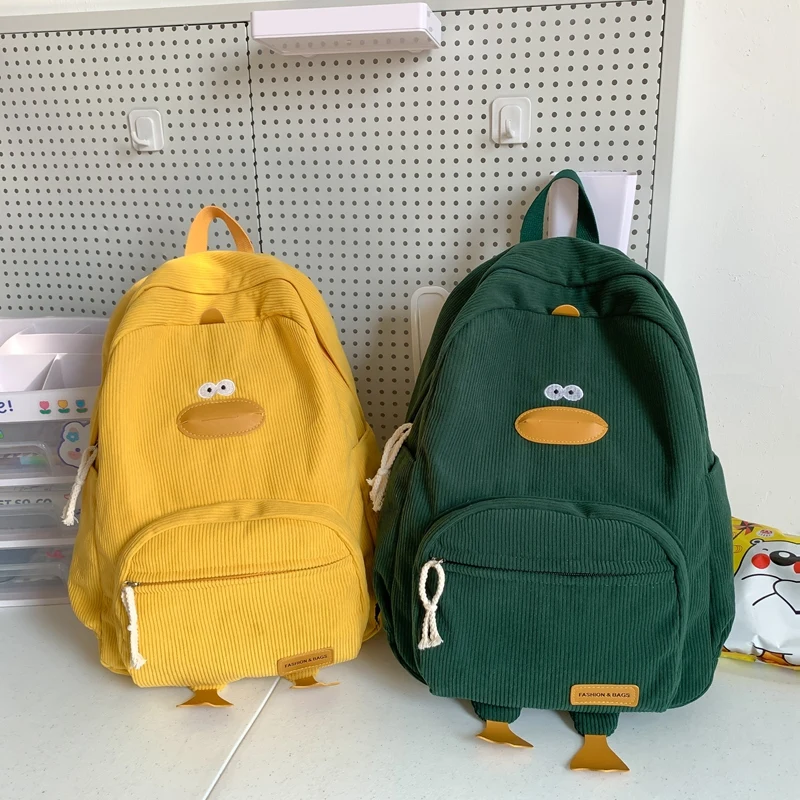 Zaino Cartoon Duck Zaino estetico Kawaii Zaino scolastico multitasche in velluto a coste Zaino da viaggio per ragazze adolescenti Donne